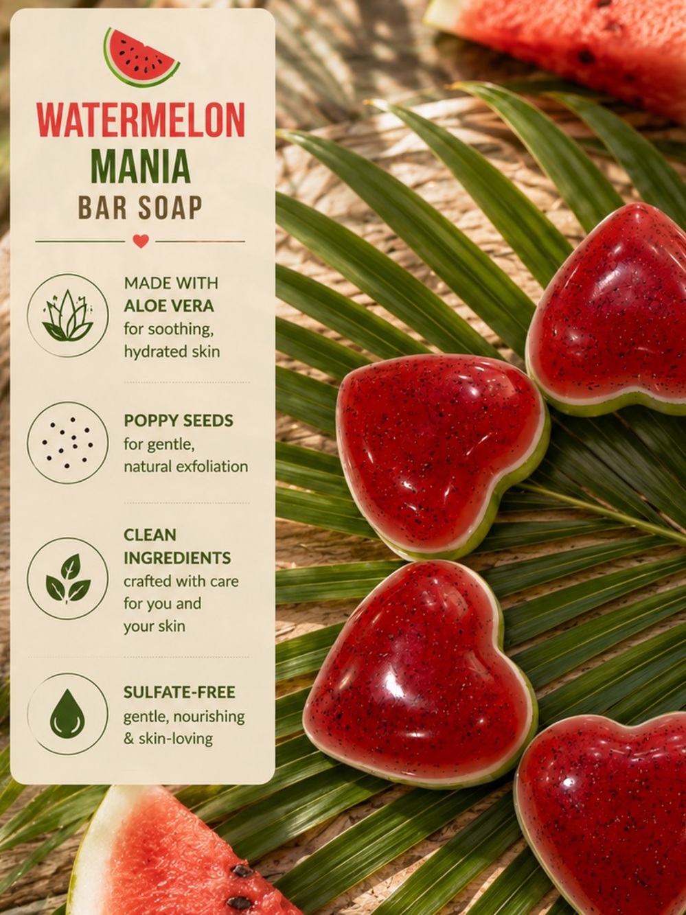 Hand Crafted “Watermelon Mania” Scented Bar Soap With Aloe Vera & Poppy Seeds